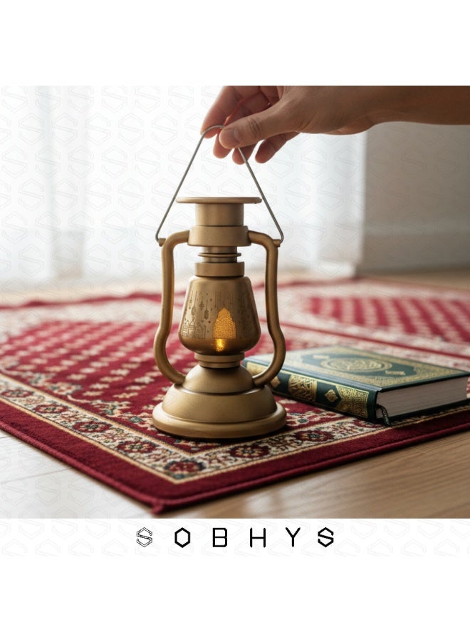 SOBHYS Heritage Glowing Ramadan Fanoos, 24.5cm LED Lantern with Flickering Candle Effect, Islamic Art Hanging Decor, Metallic Finish, Battery Powered (1, GOLD) - Image 5